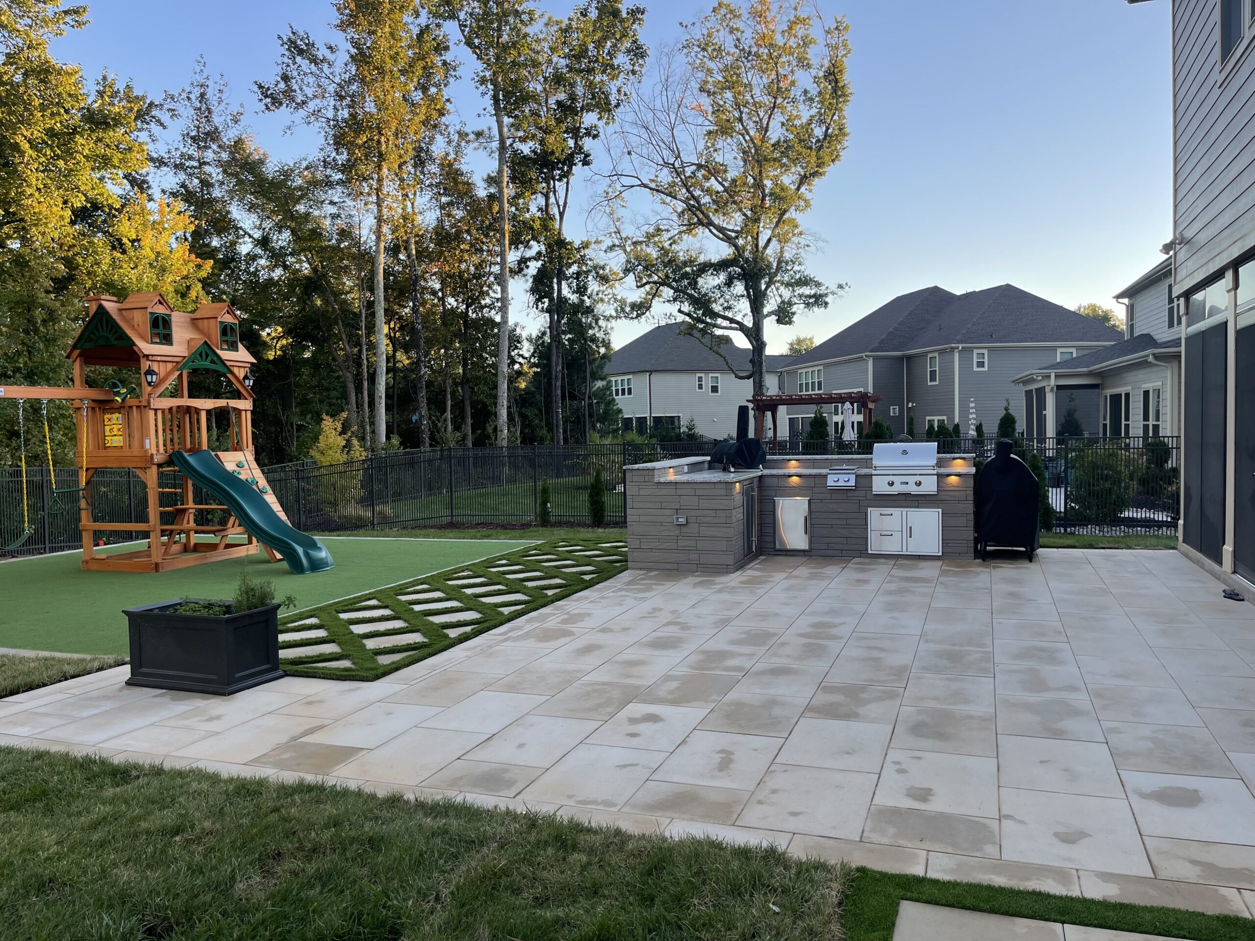 outdoor patio with a grill.