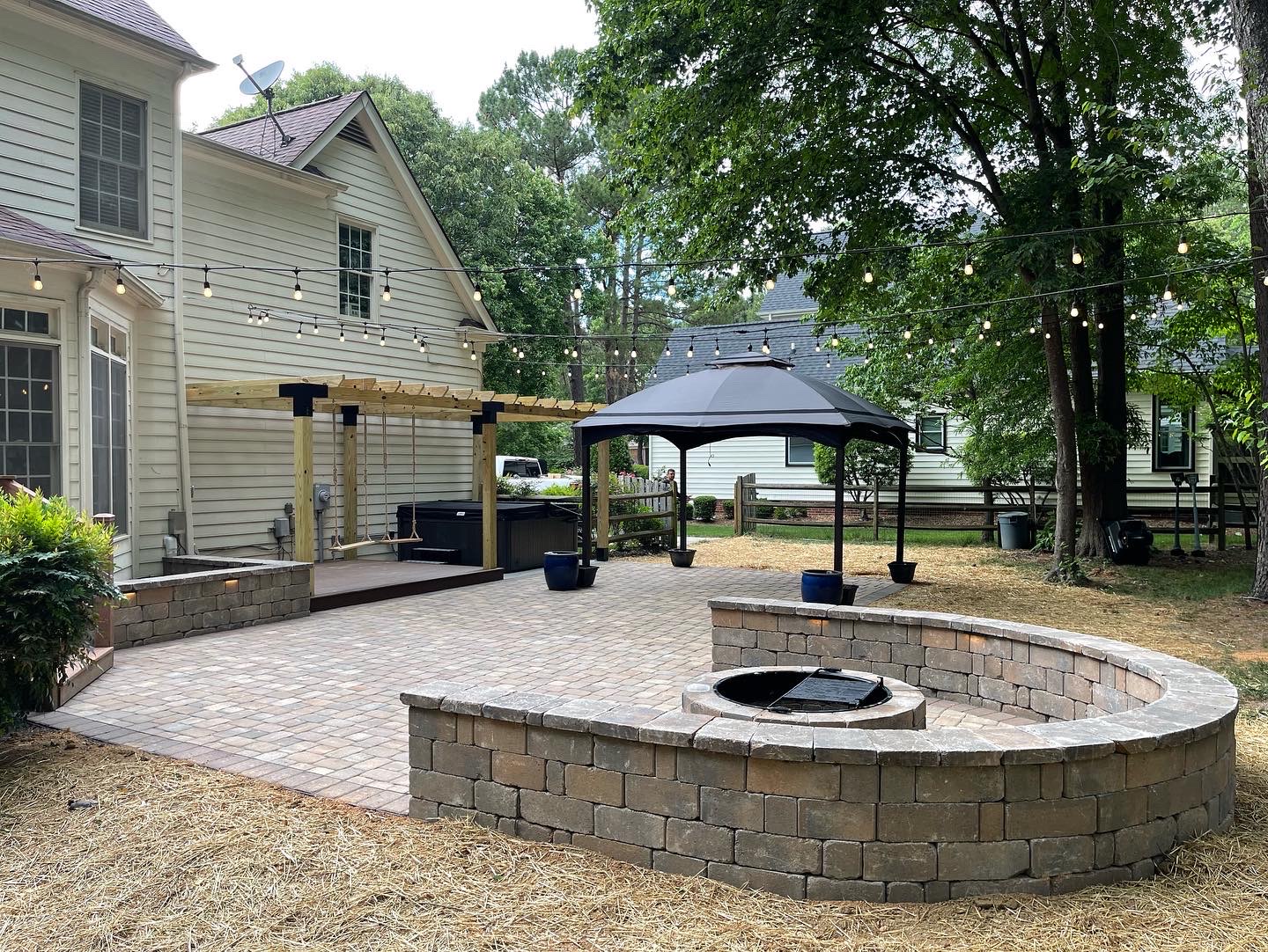 Outdoor patio with fire pit.